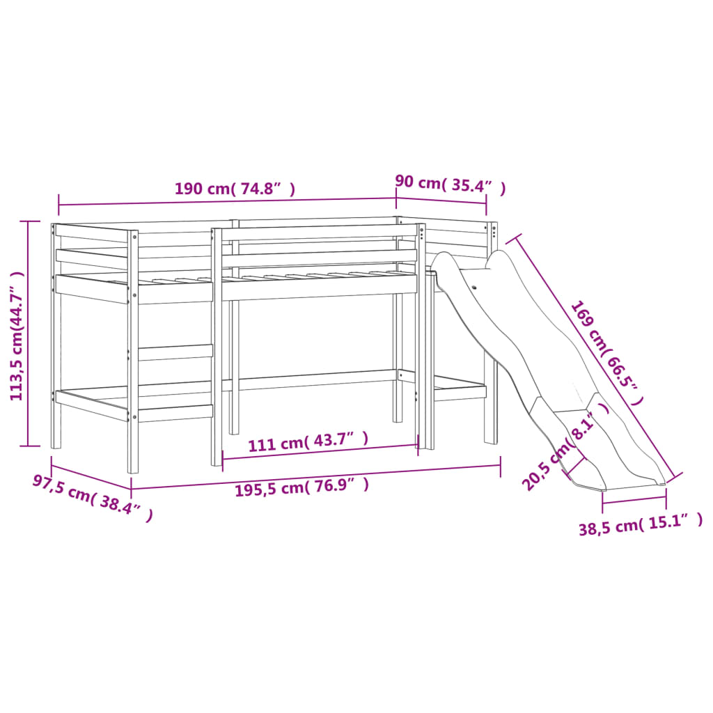 vidaXL Kids' Loft Bed without Mattress with Slide Black 90x190 cm Single