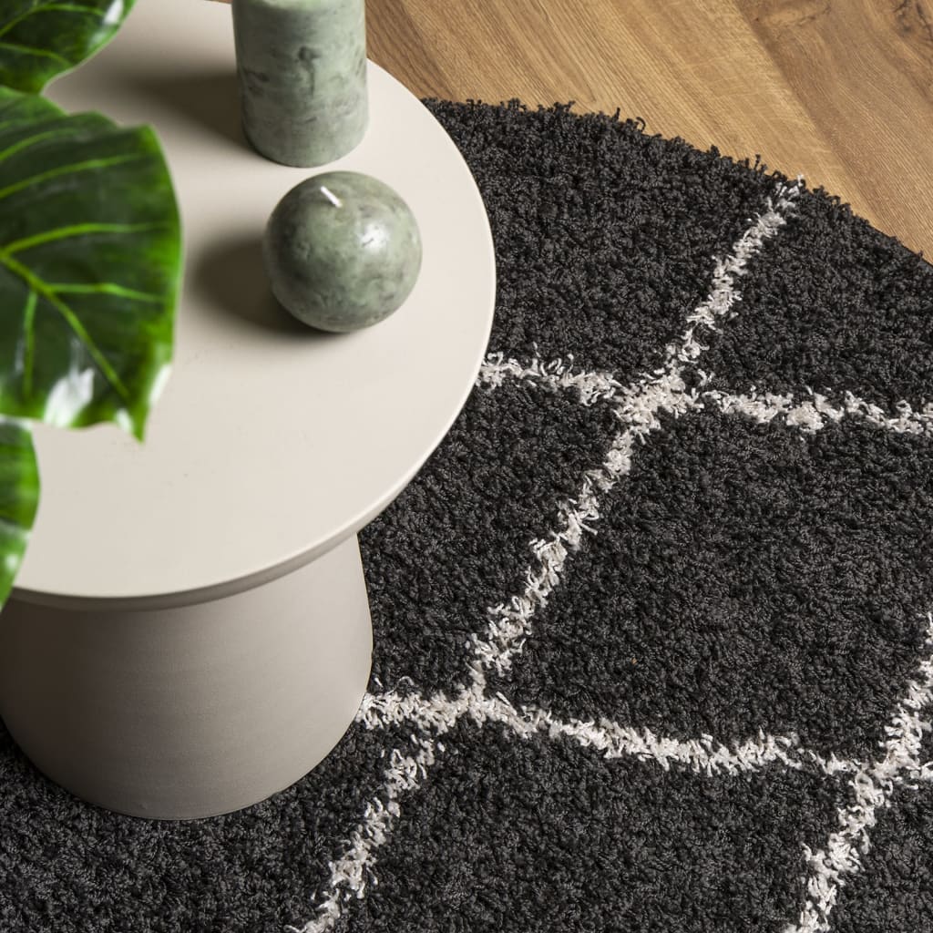 vidaXL Shaggy Rug PAMPLONA High Pile Modern Black and Cream Ø 100 cm