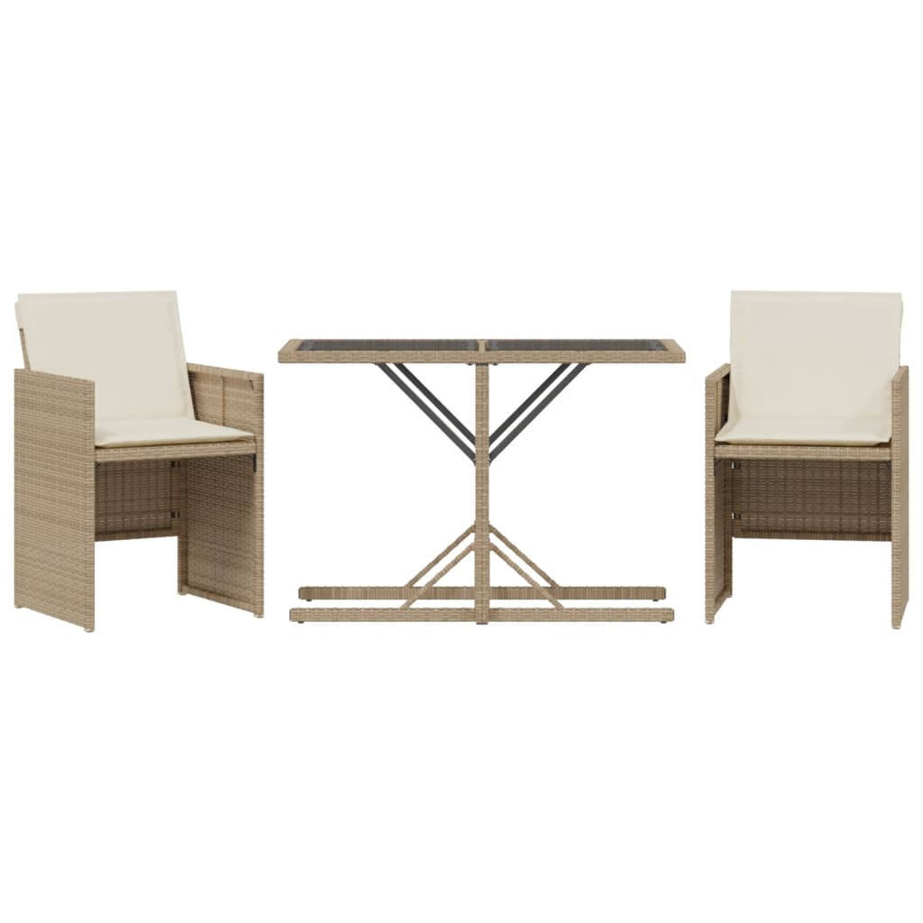 3 Piece Bistro Set with Cushions Beige Poly Rattan