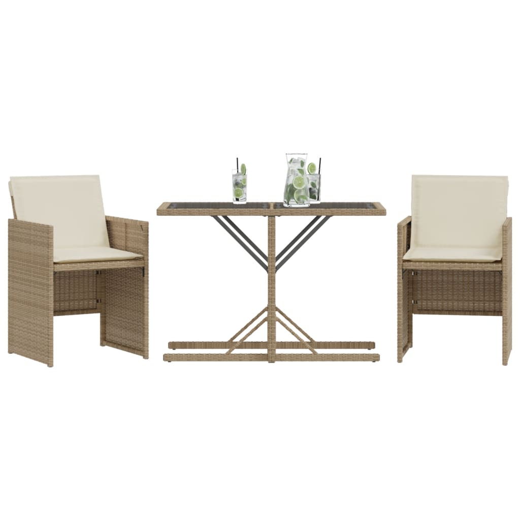 3 Piece Bistro Set with Cushions Beige Poly Rattan