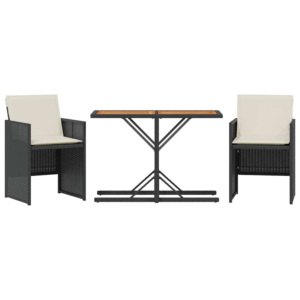 3 Piece Bistro Set with Cushions Black Poly Rattan