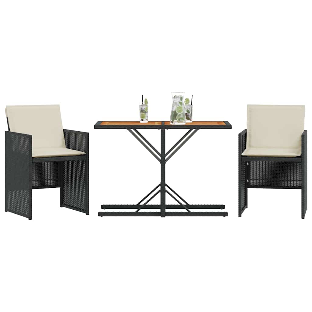 3 Piece Bistro Set with Cushions Black Poly Rattan