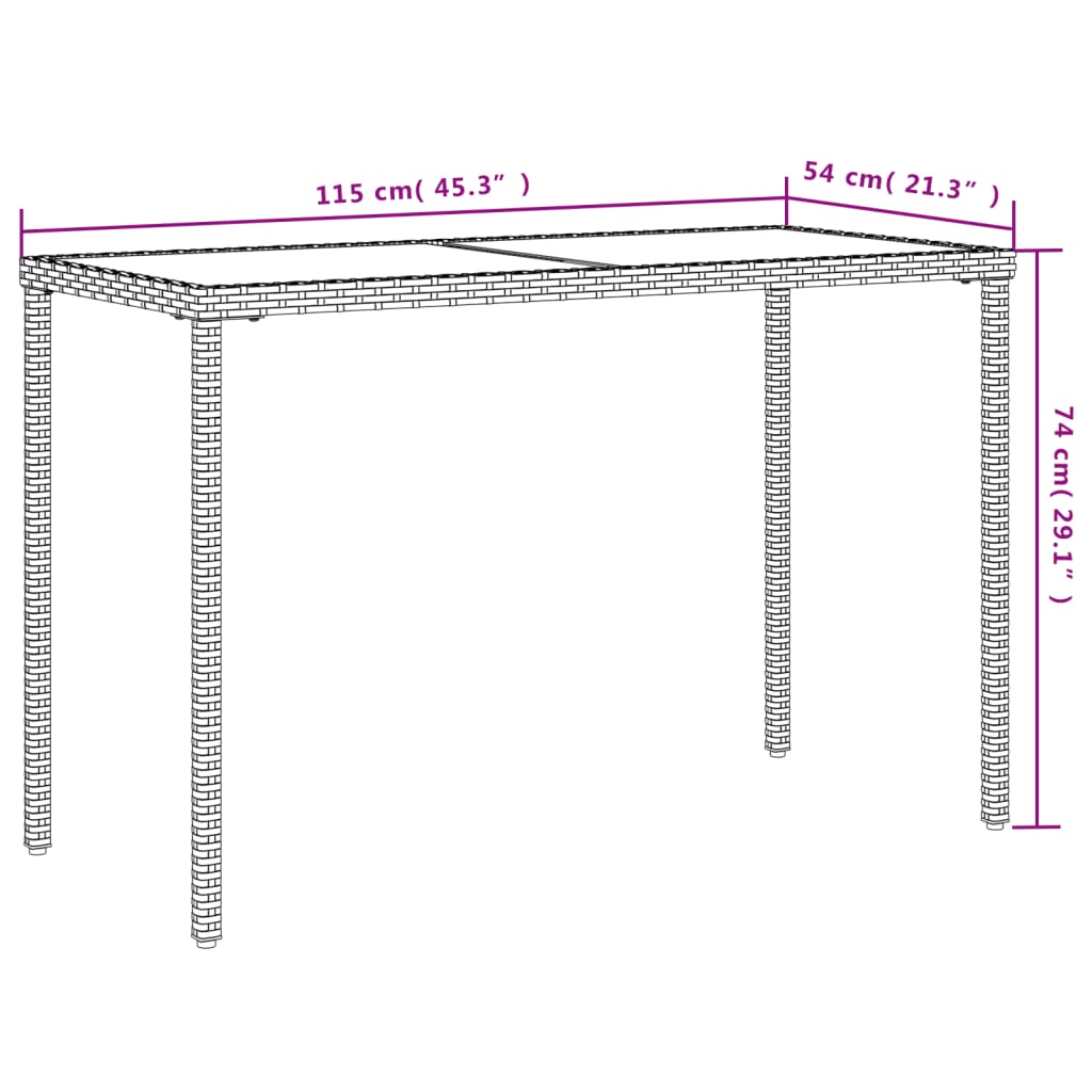 vidaXL Garden Table with Glass Top Brown 115x54x74 cm Poly Rattan