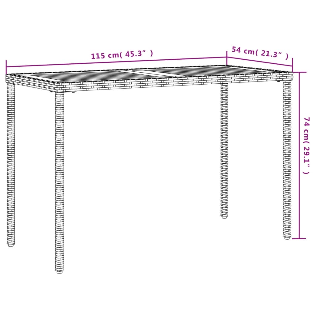 vidaXL Garden Table with Acacia Wood Top Grey 115x54x74 cm Poly Rattan