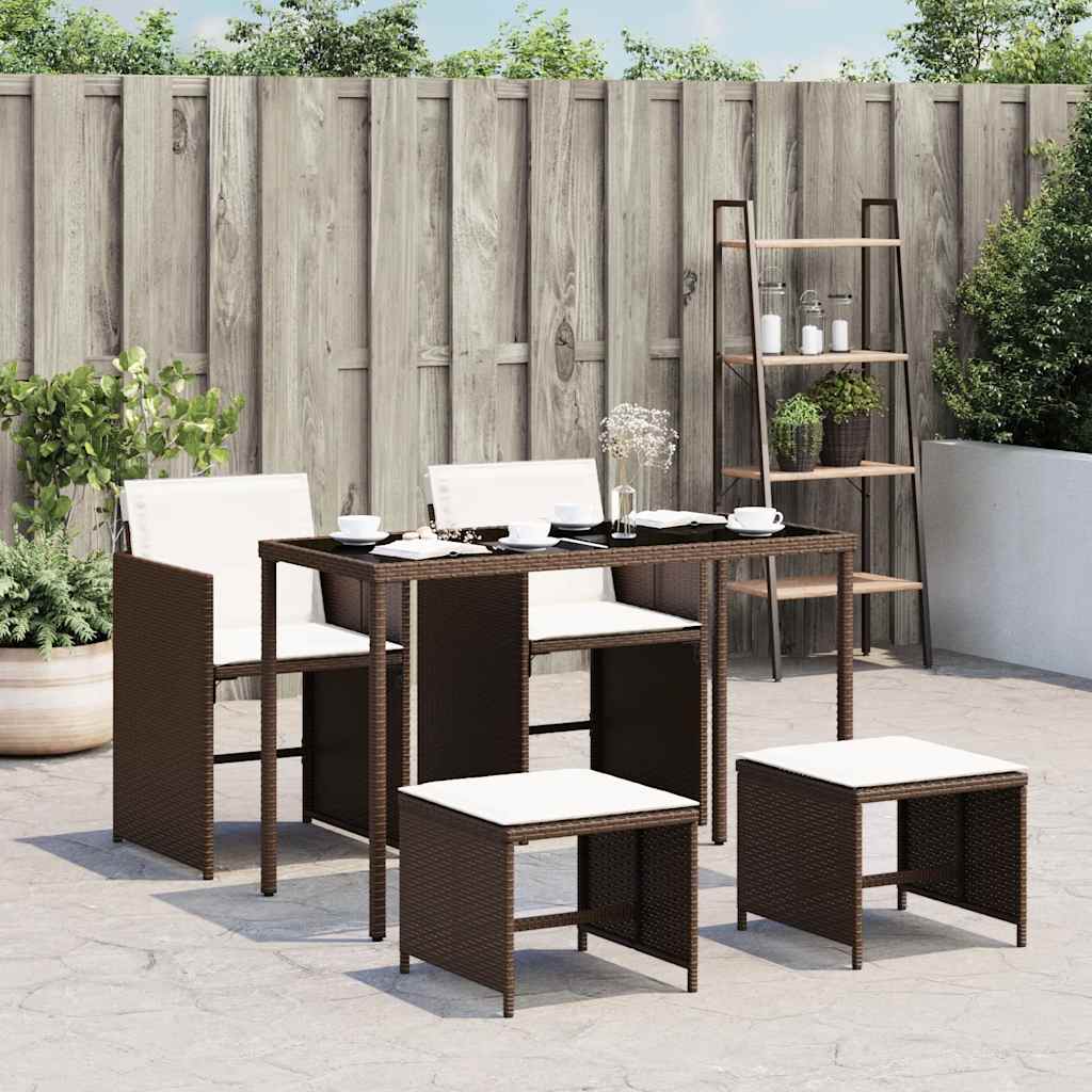 5 Piece Garden Dining Set with Cushions Brown Poly Rattan