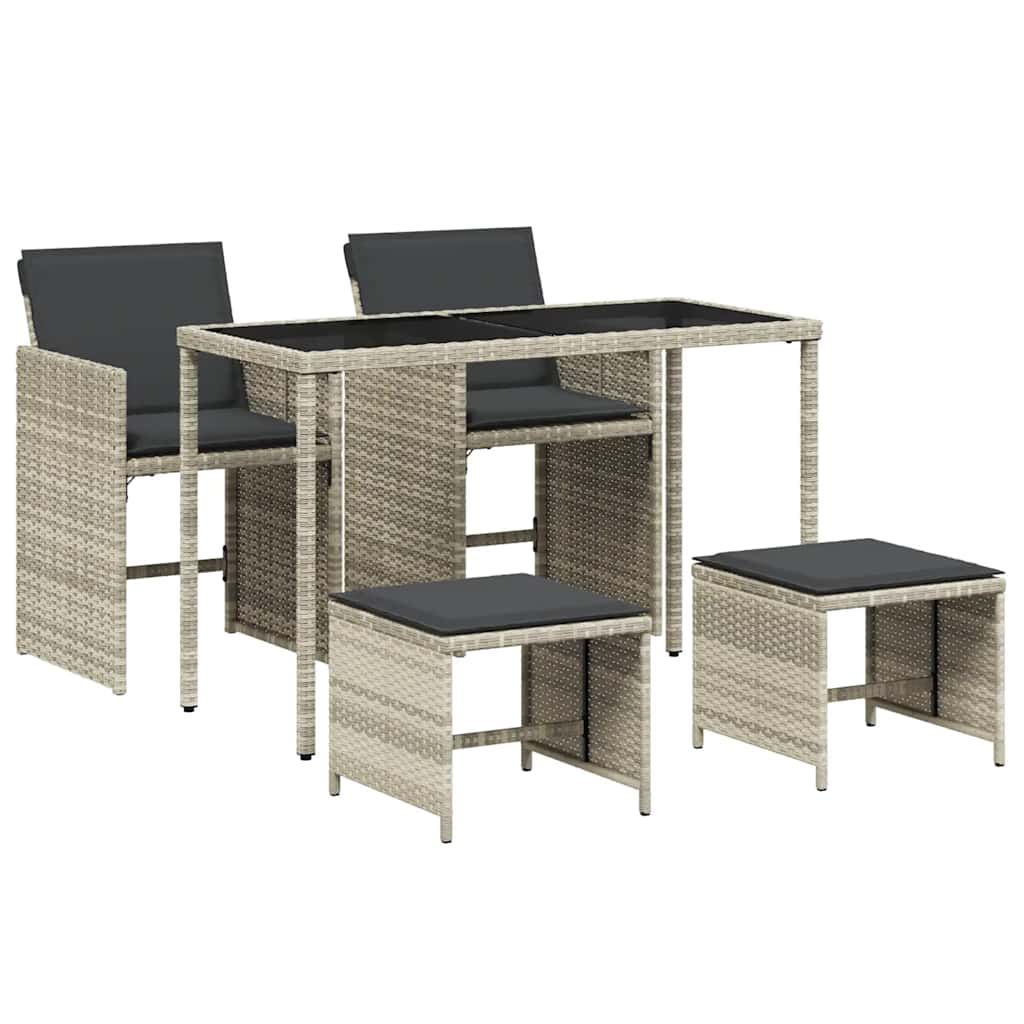 5 Piece Garden Dining Set with Cushions Light Grey Poly Rattan