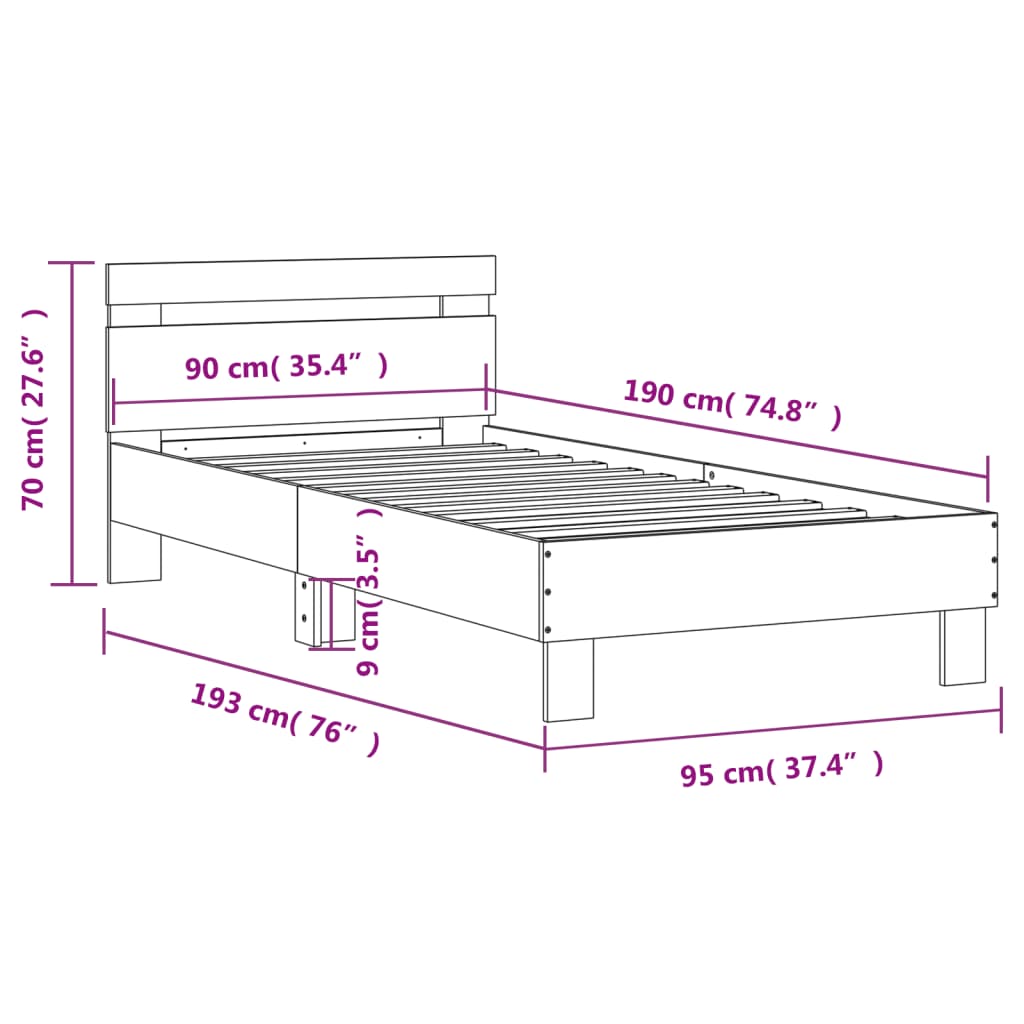 vidaXL Bed Frame without Mattress with Headboard Brown Oak 90x190 cm Single