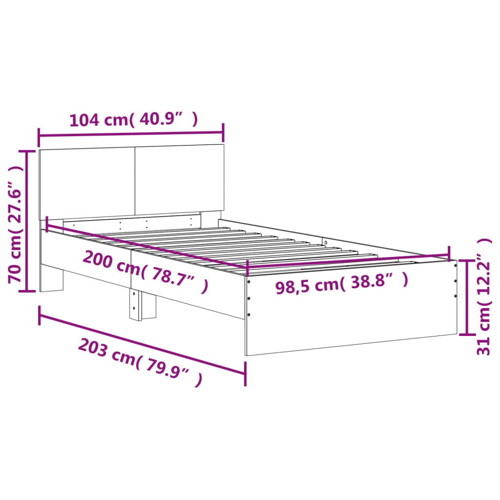 vidaXL Bed Frame without Mattress with Headboard Concrete Grey 100x200 cm