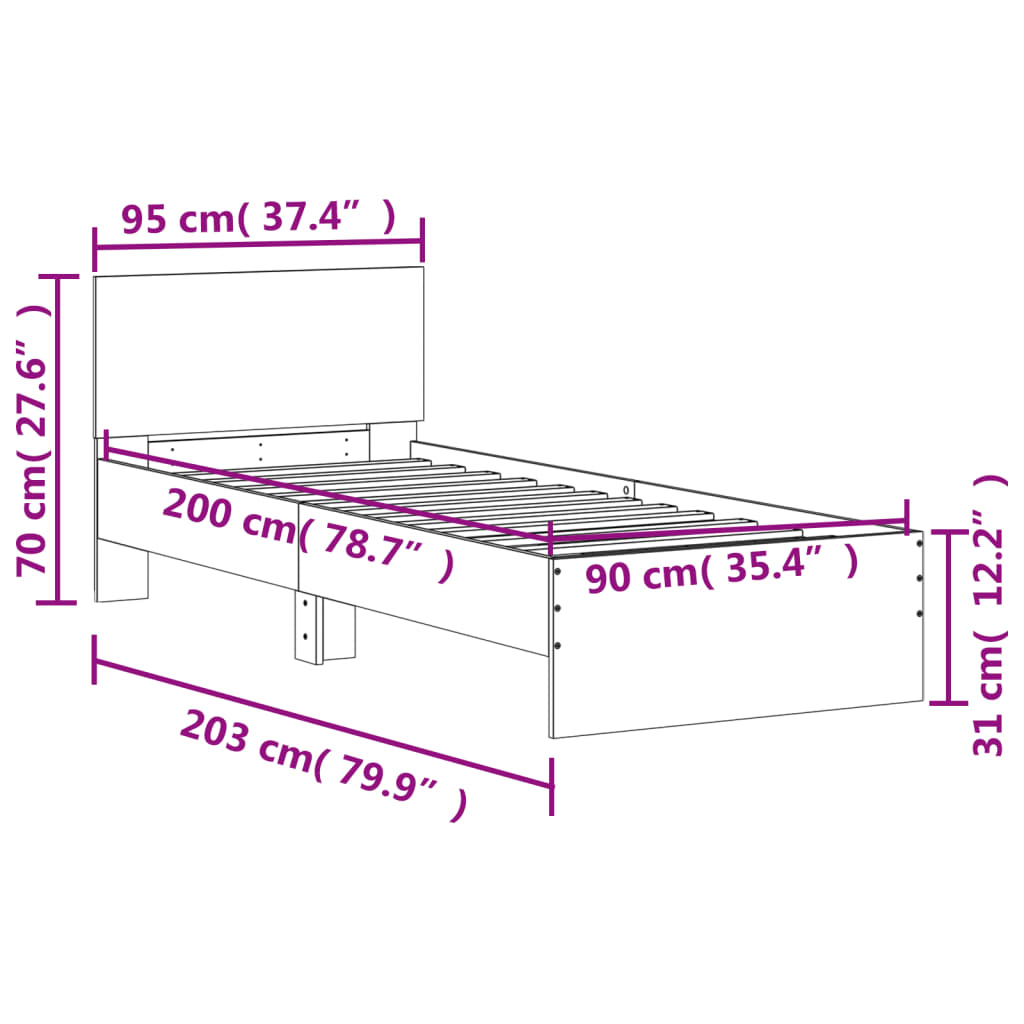 vidaXL Bed Frame without Mattress with Headboard Black 90x200 cm