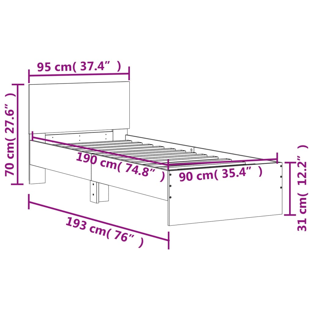 vidaXL Bed Frame without Mattress with Headboard Grey Sonoma 90x190 cm Single