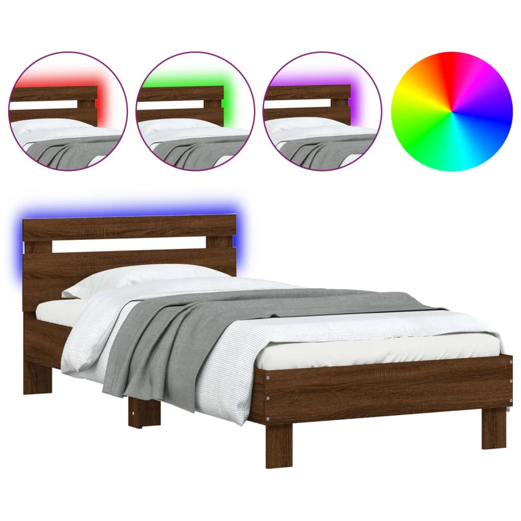 vidaXL Bed Frame without Mattress with LED Lights Brown Oak 90x200 cm