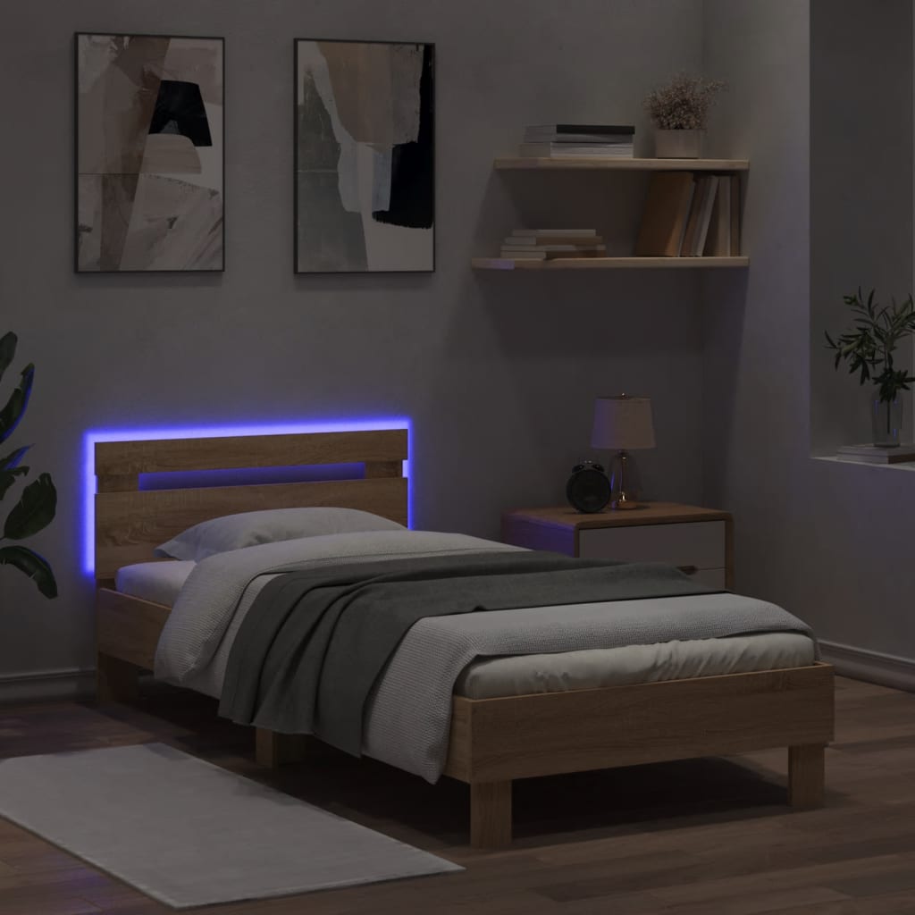 vidaXL Bed Frame without Mattress with LED Lights Sonoma Oak 75x190 cm Small Single