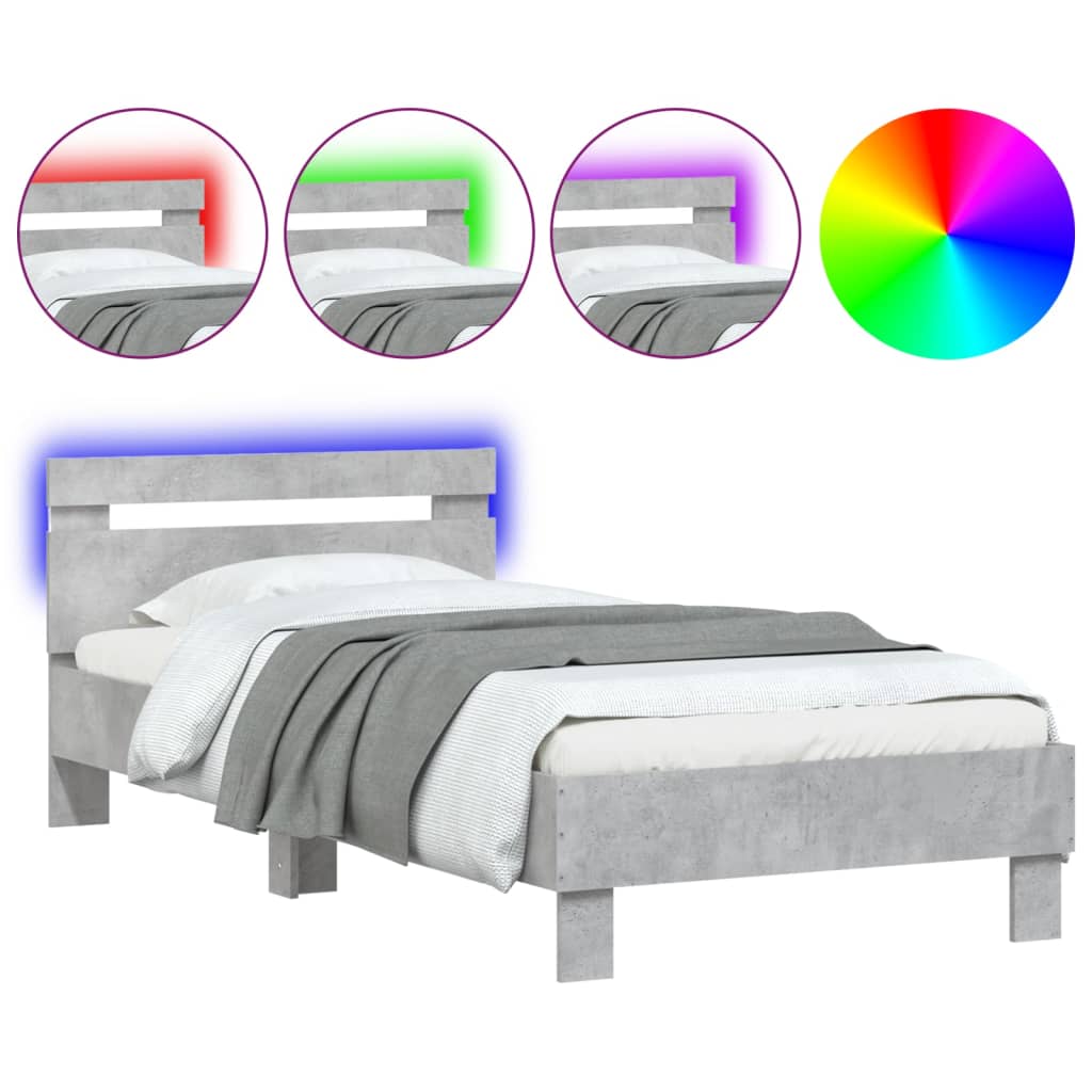 vidaXL Bed Frame without Mattress with LED Lights Concrete Grey 75x190 cm Small Single