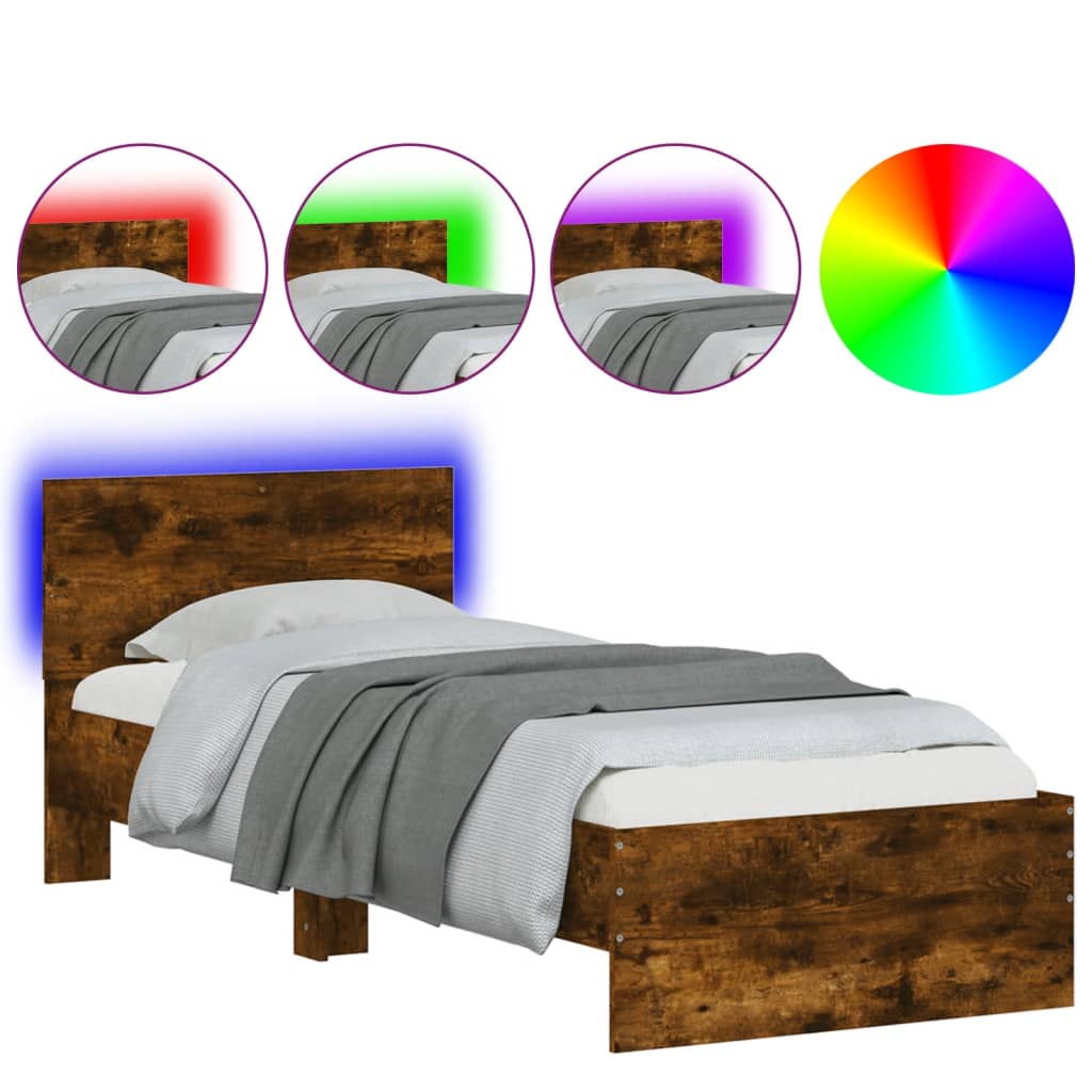 vidaXL Bed Frame without Mattress with LED Lights Smoked Oak 90x190 cm Single