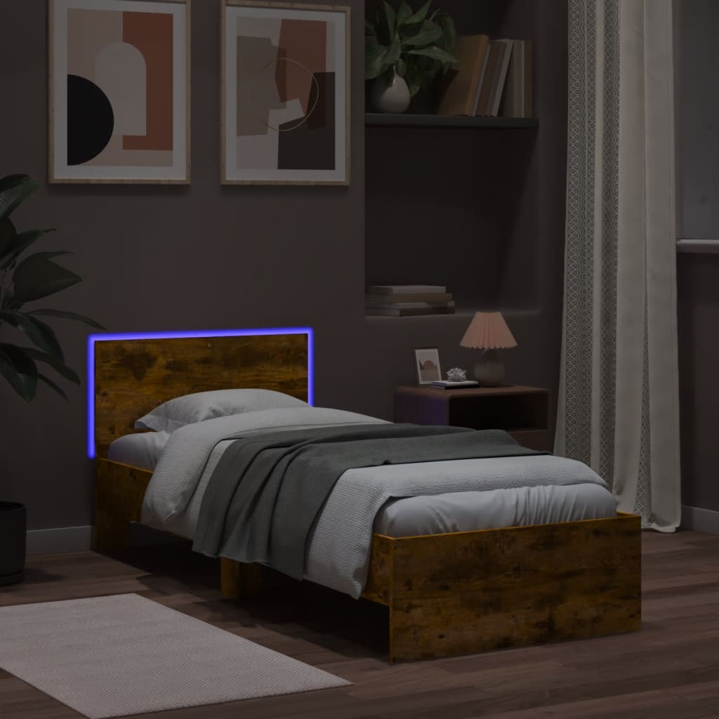 Bed Frame without Mattress with LED Lights Smoked Oak 75x190 cm Small Single