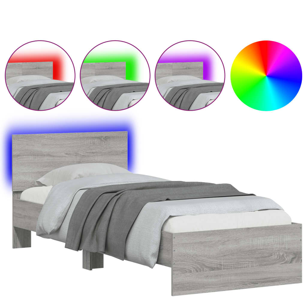 vidaXL Bed Frame without Mattress with LED Lights Grey Sonoma 75x190 cm Small Single