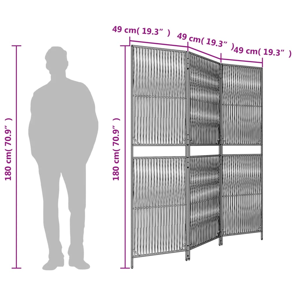 Room Divider 3 Panels Brown Poly Rattan