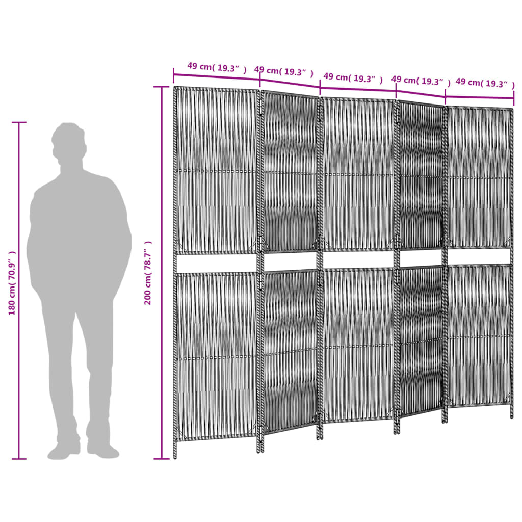 vidaXL Room Divider 5 Panels Brown Poly Rattan