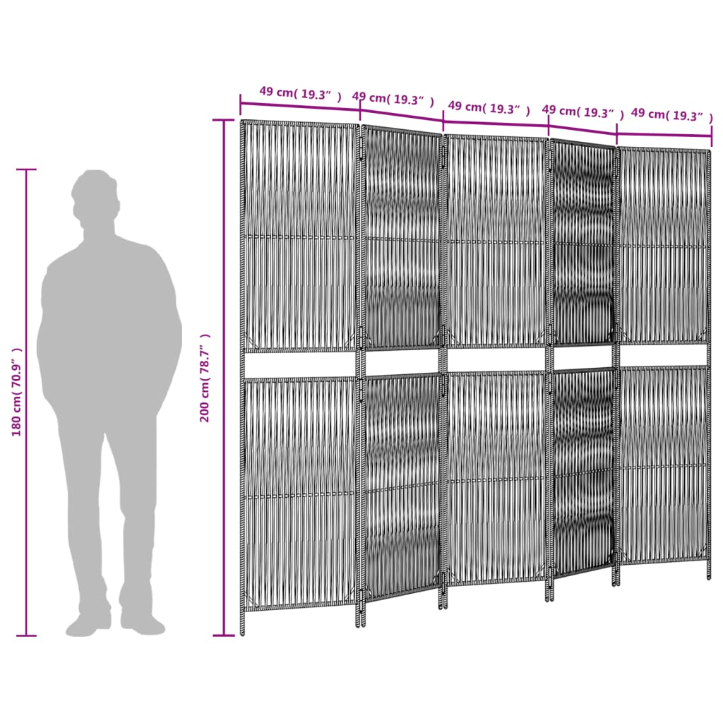 vidaXL Room Divider 5 Panels Grey Poly Rattan