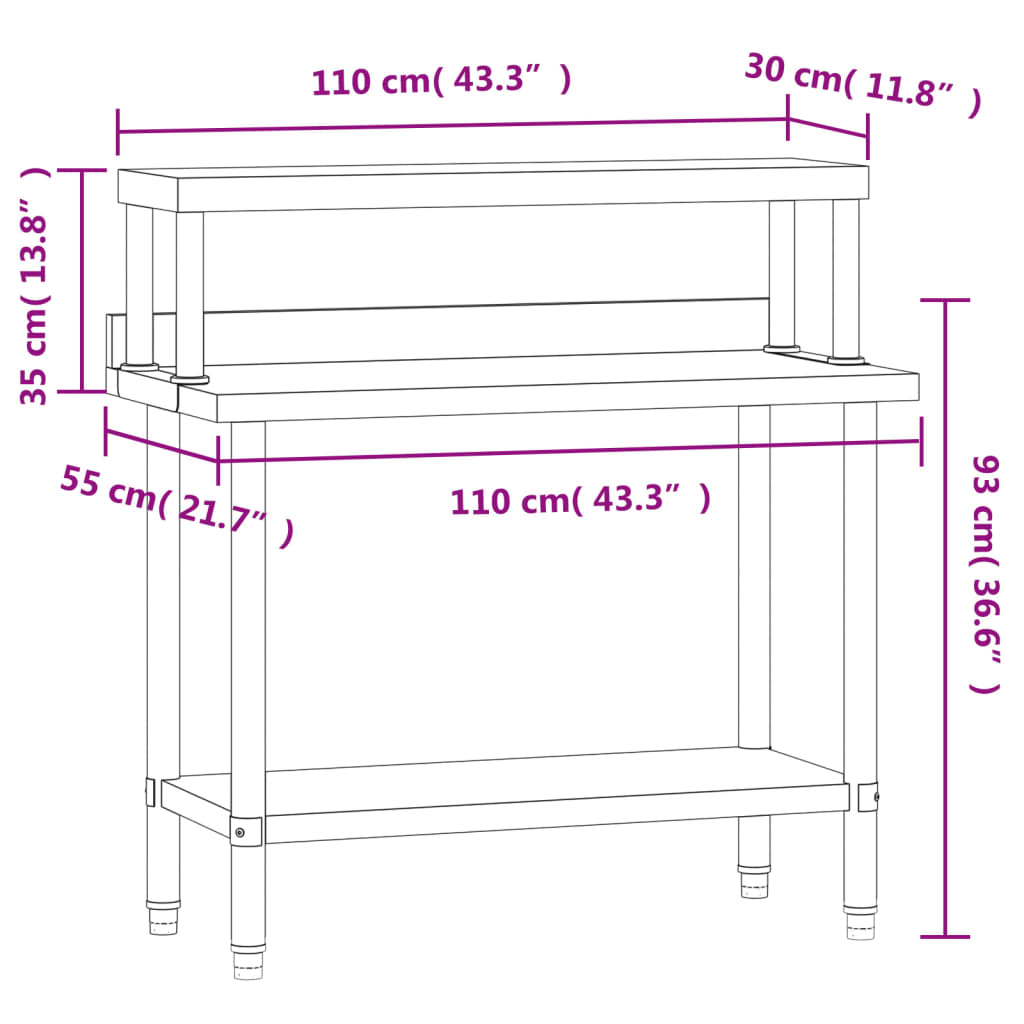 vidaXL Kitchen Work Table with Overshelf 110x55x120 cm Stainless Steel