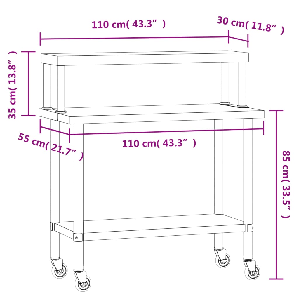 vidaXL Kitchen Work Table with Overshelf 110x55x120 cm Stainless Steel