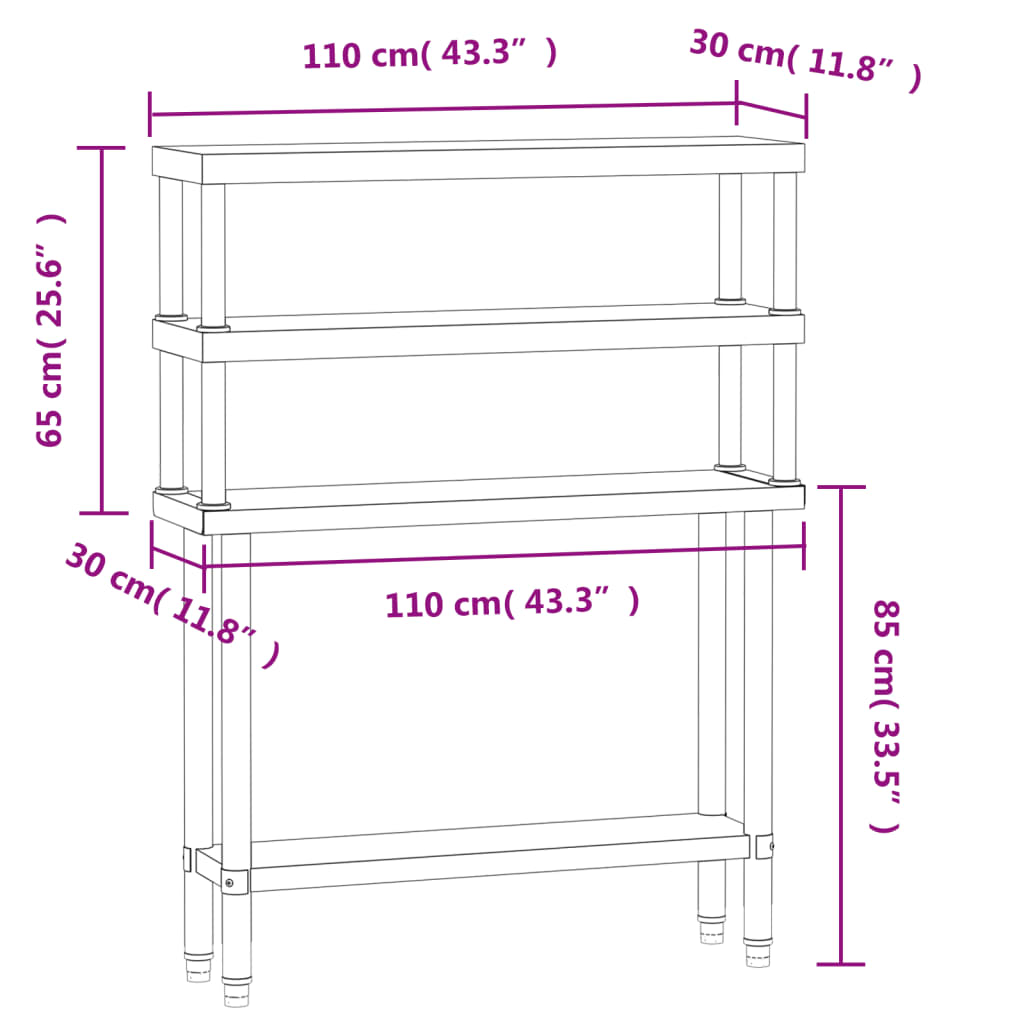 vidaXL Kitchen Work Table with Overshelf 110x30x150 cm Stainless Steel