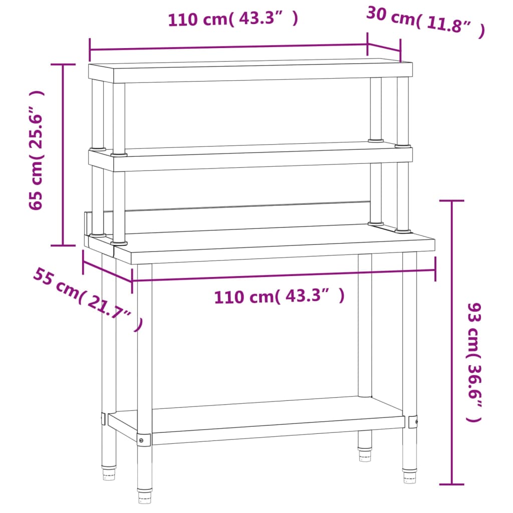 vidaXL Kitchen Work Table with Overshelf 110x55x150 cm Stainless Steel