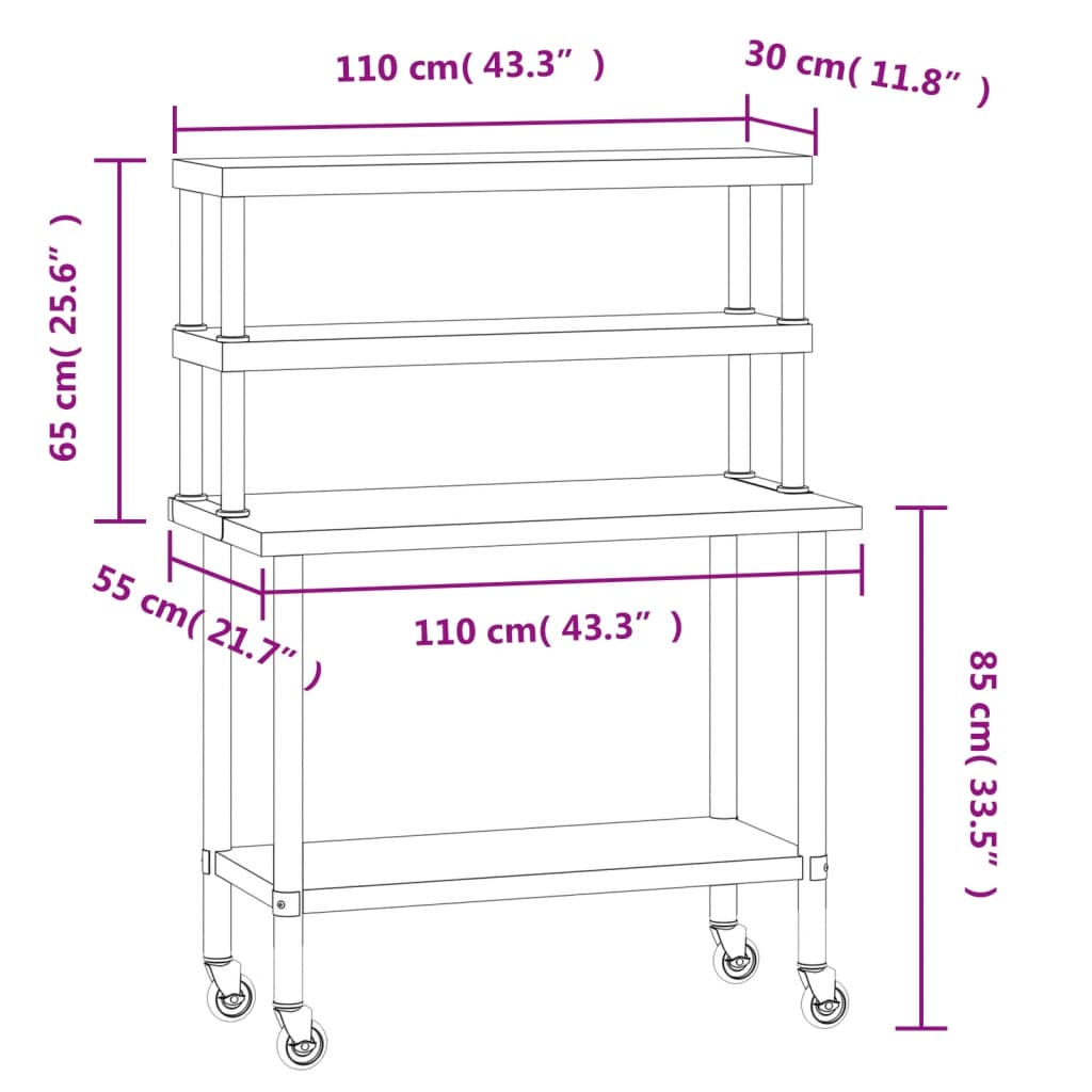 vidaXL Kitchen Work Table with Overshelf 110x55x150 cm Stainless Steel