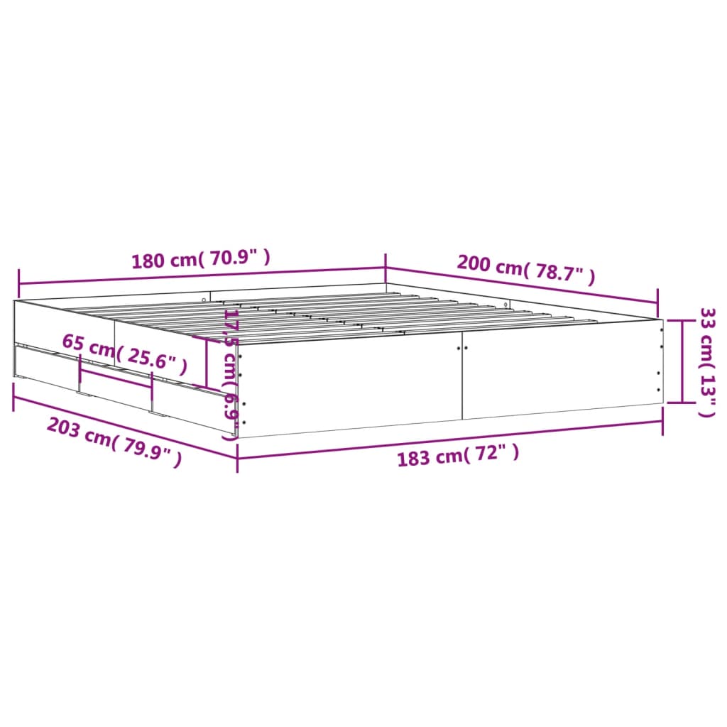 Bed Frame with Drawers without Mattress Grey Sonoma 180x200 cm Super King