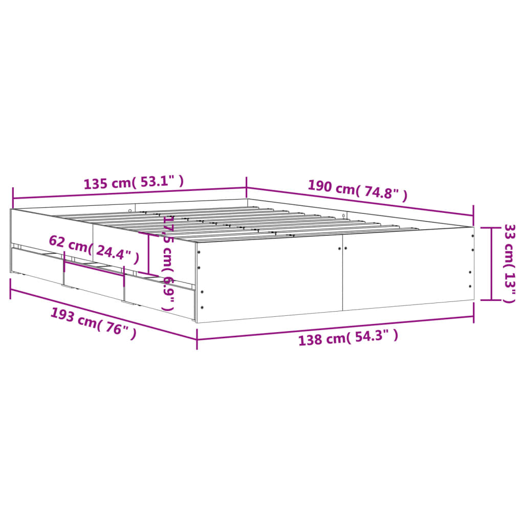 Bed Frame with Drawers without Mattress Sonoma Oak 135x190 cm Double