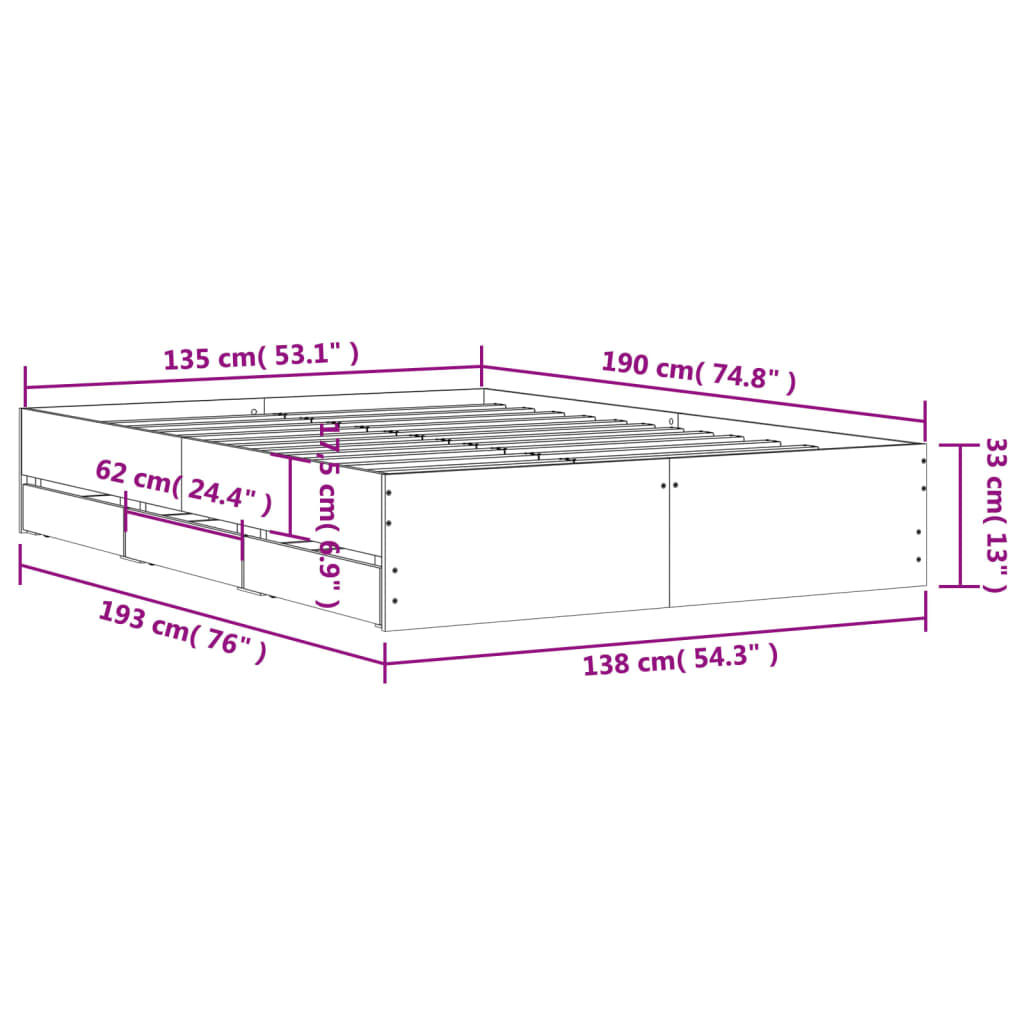 Bed Frame with Drawers without Mattress Concrete Grey 135x190 cm Double