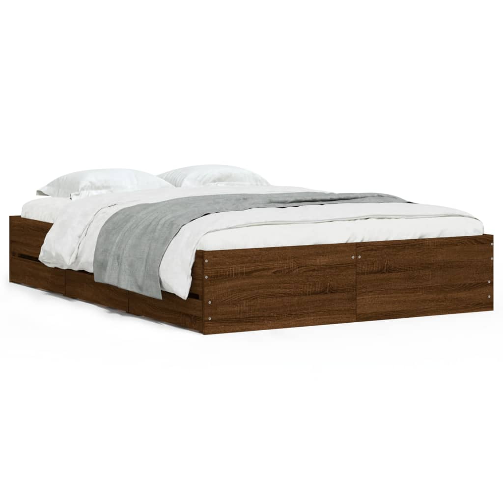 Bed Frame with Drawers without Mattress Brown Oak 135x190 cm Double