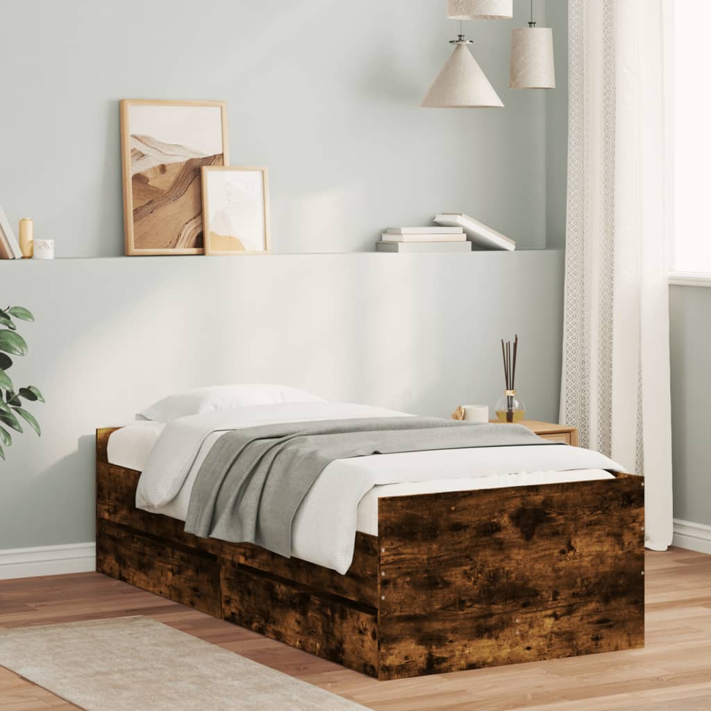 Bed Frame with Drawers without Mattress Smoked Oak 90x200 cm