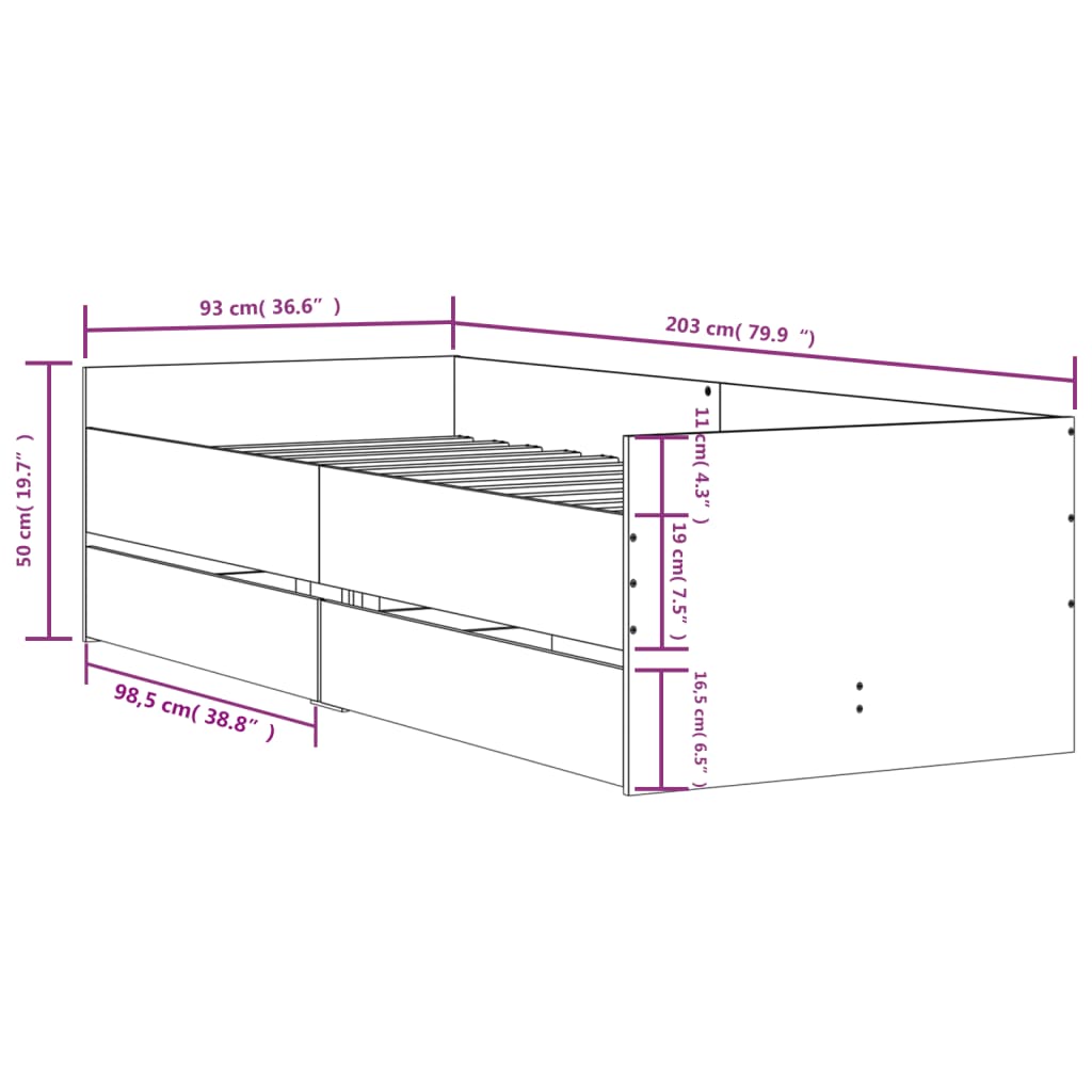 Bed Frame | Grey Sonoma | Engineered wood | 90x200 cm | Bed Frame