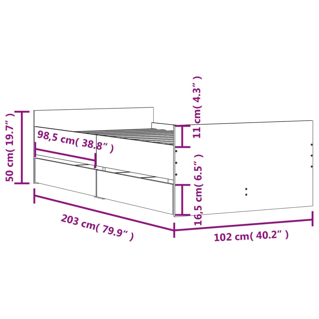 Bed Frame with Drawers without Mattress Grey Sonoma 100x200 cm