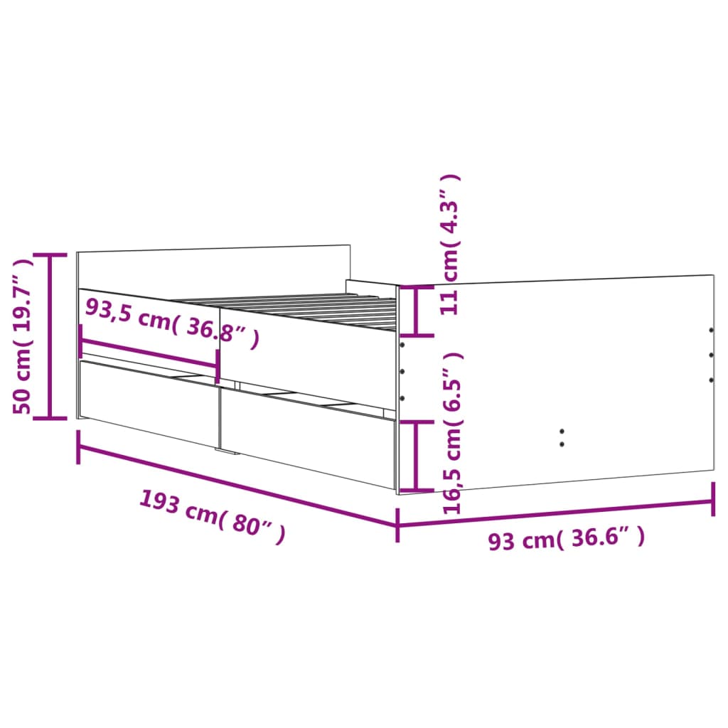 vidaXL Bed Frame with Drawers without Mattress White 90x190 cm Single