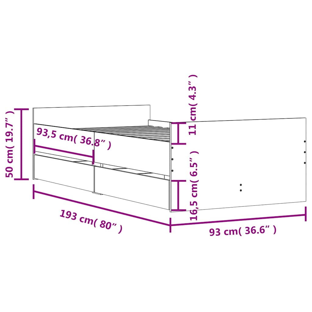 Bed Frame | Concrete grey | Engineered Wood | 90x190 cm Single