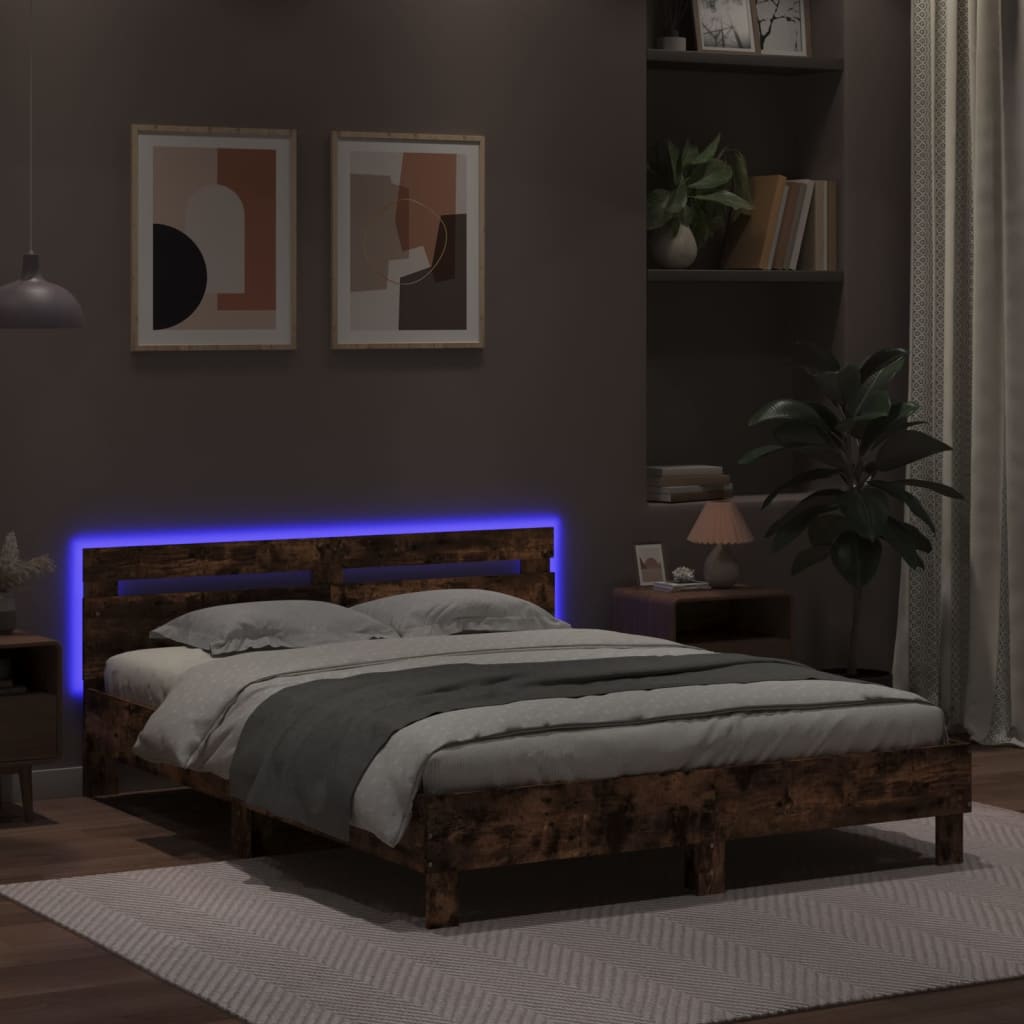 Bed Frame with LED without Mattress Brown Oak 150x200 cm King Size