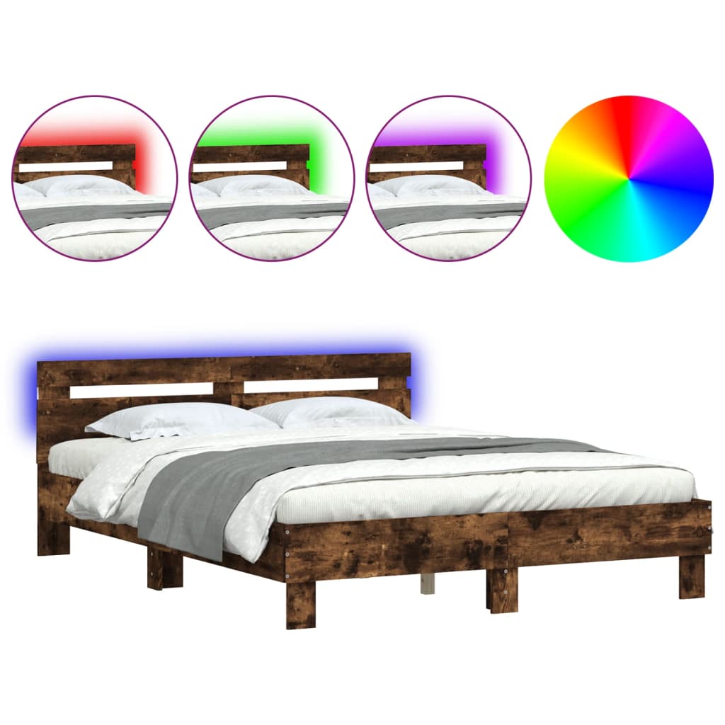 Bed Frame with LED without Mattress Smoked Oak 140x200 cm