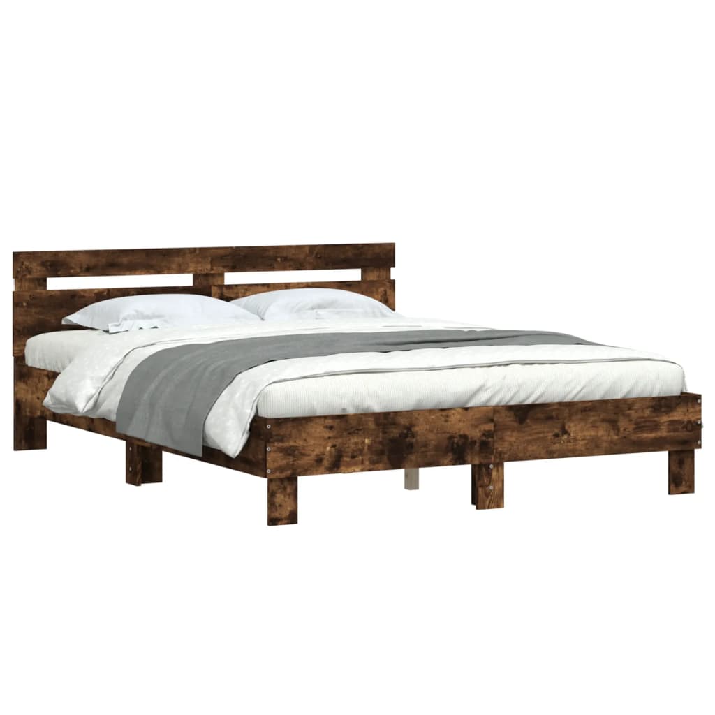 Bed Frame with LED without Mattress Smoked Oak 140x200 cm