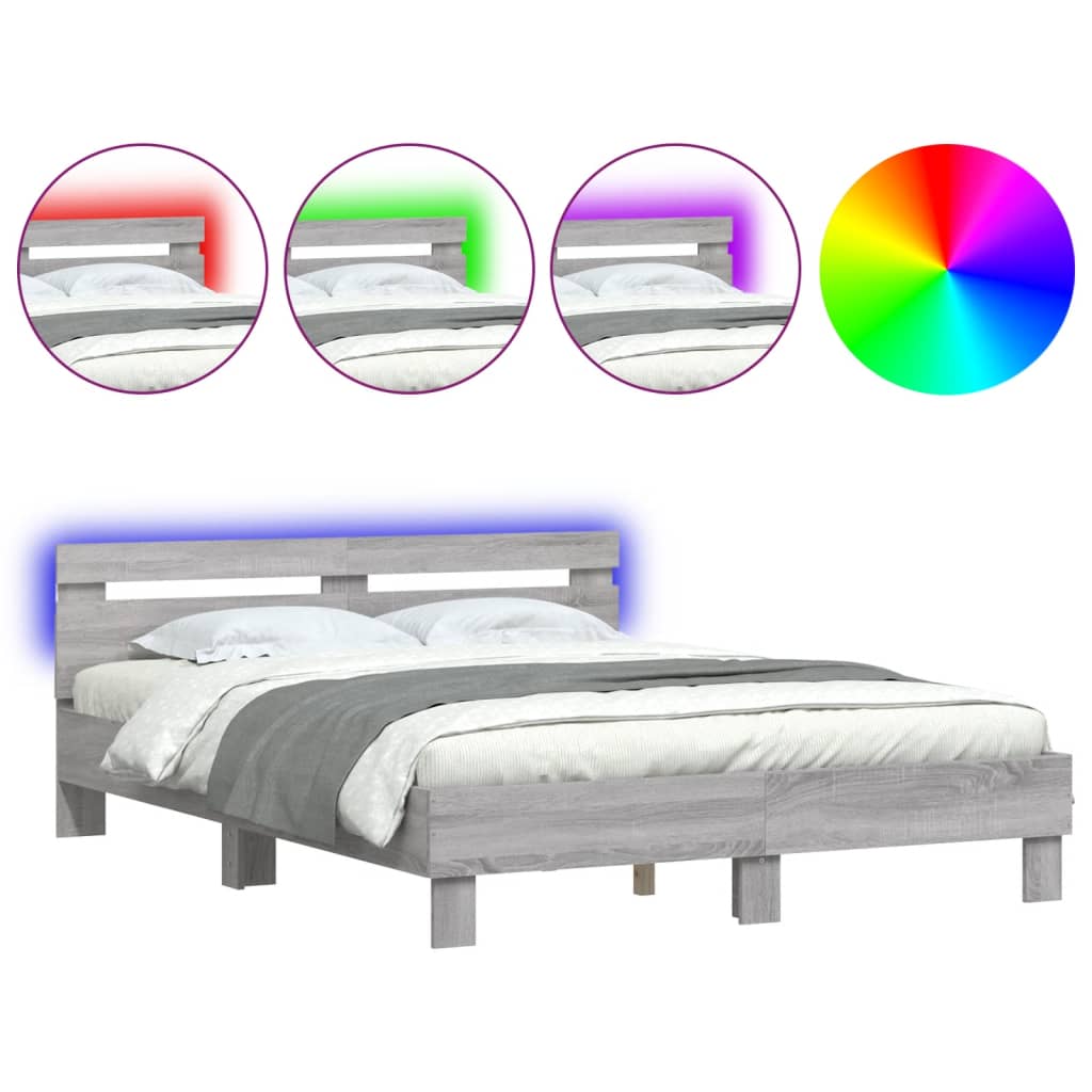Bed Frame with LED without Mattress Grey Sonoma 140x200 cm