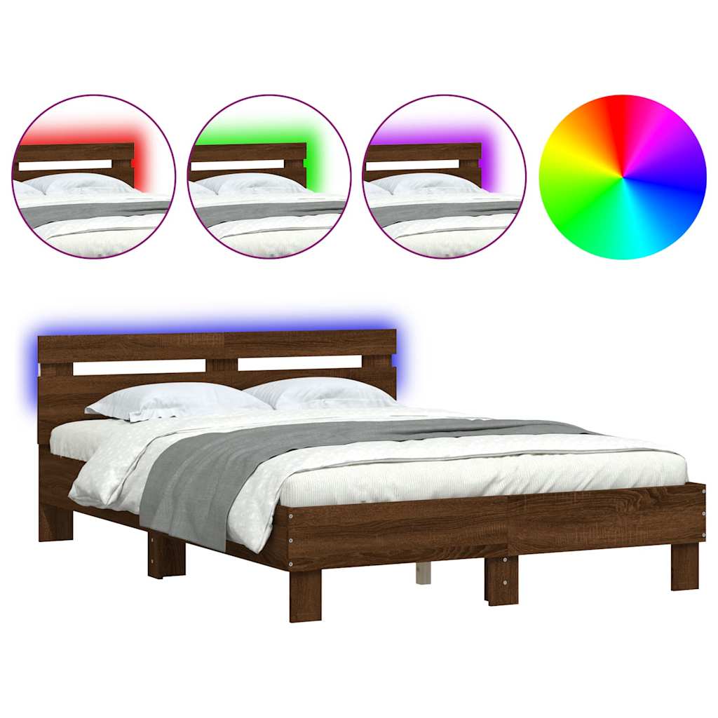 Bed Frame with LED without Mattress Brown Oak 135x190 cm Double