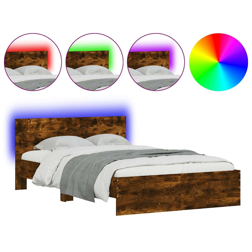 Bed Frame with Headboard and LED Smoked Oak 135x190 cm Double