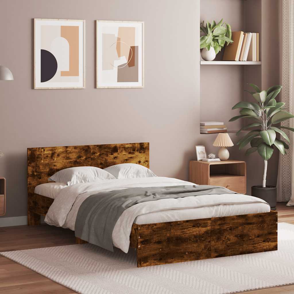 Bed Frame with Headboard and LED Smoked Oak 135x190 cm Double