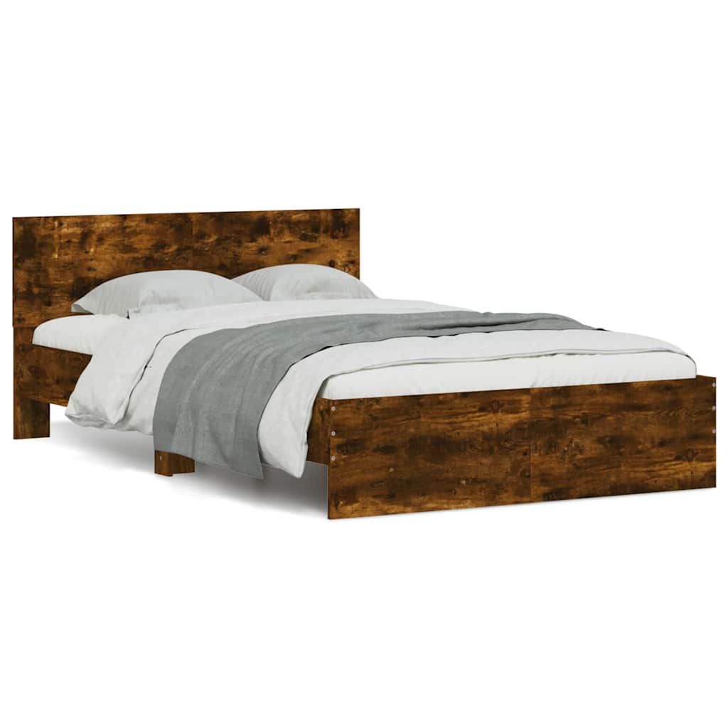 Bed Frame with Headboard and LED Smoked Oak 135x190 cm Double