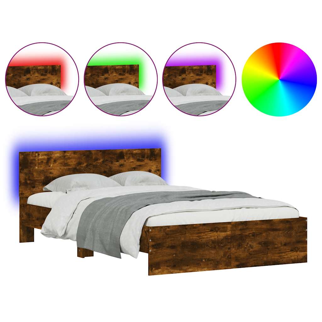Bed Frame with Headboard and LED Smoked Oak 120x190 cm Small Double
