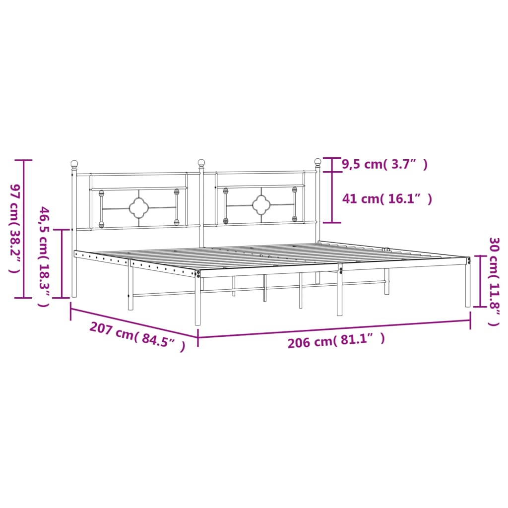 Metal Bed Frame without Mattress with Headboard Black 200x200cm