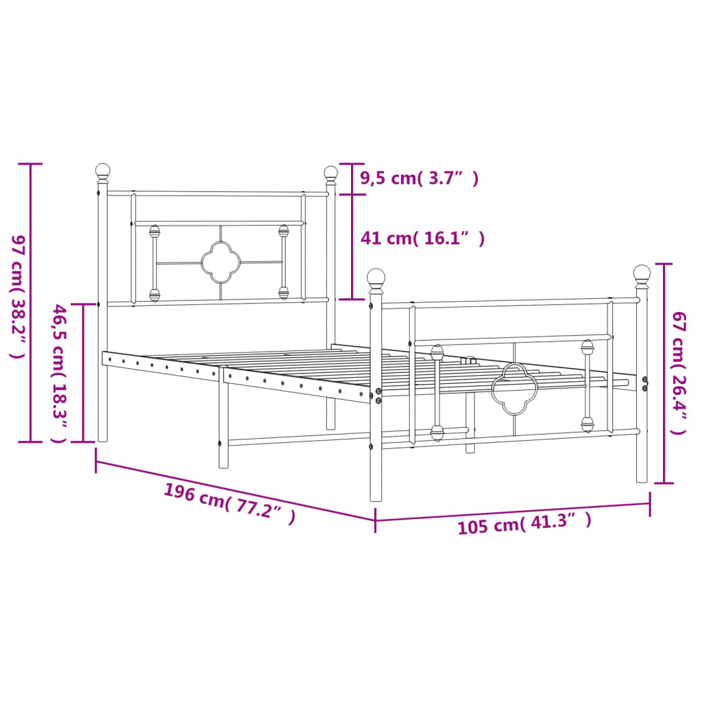 vidaXL Metal Bed Frame without Mattress with Footboard White 100x190cm