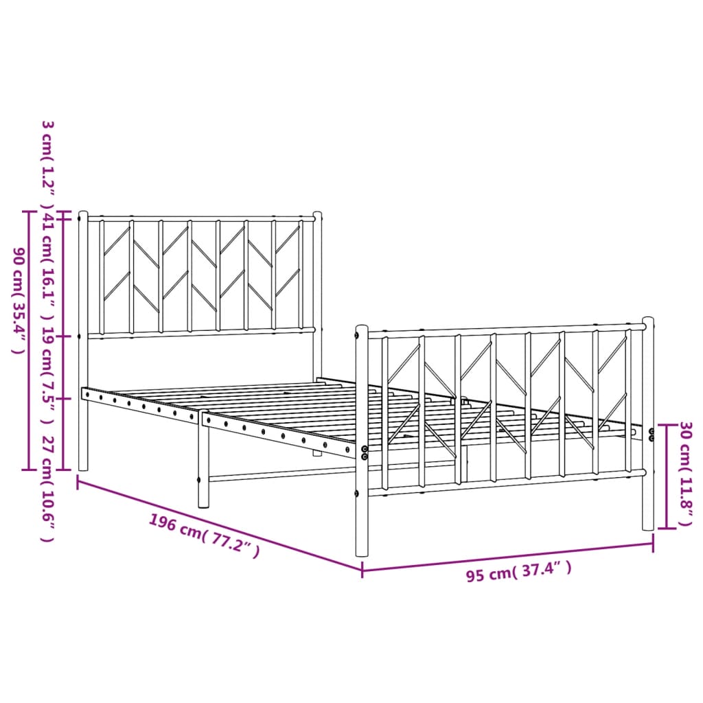 vidaXL Metal Bed Frame without Mattress with Footboard Black 90x190cm