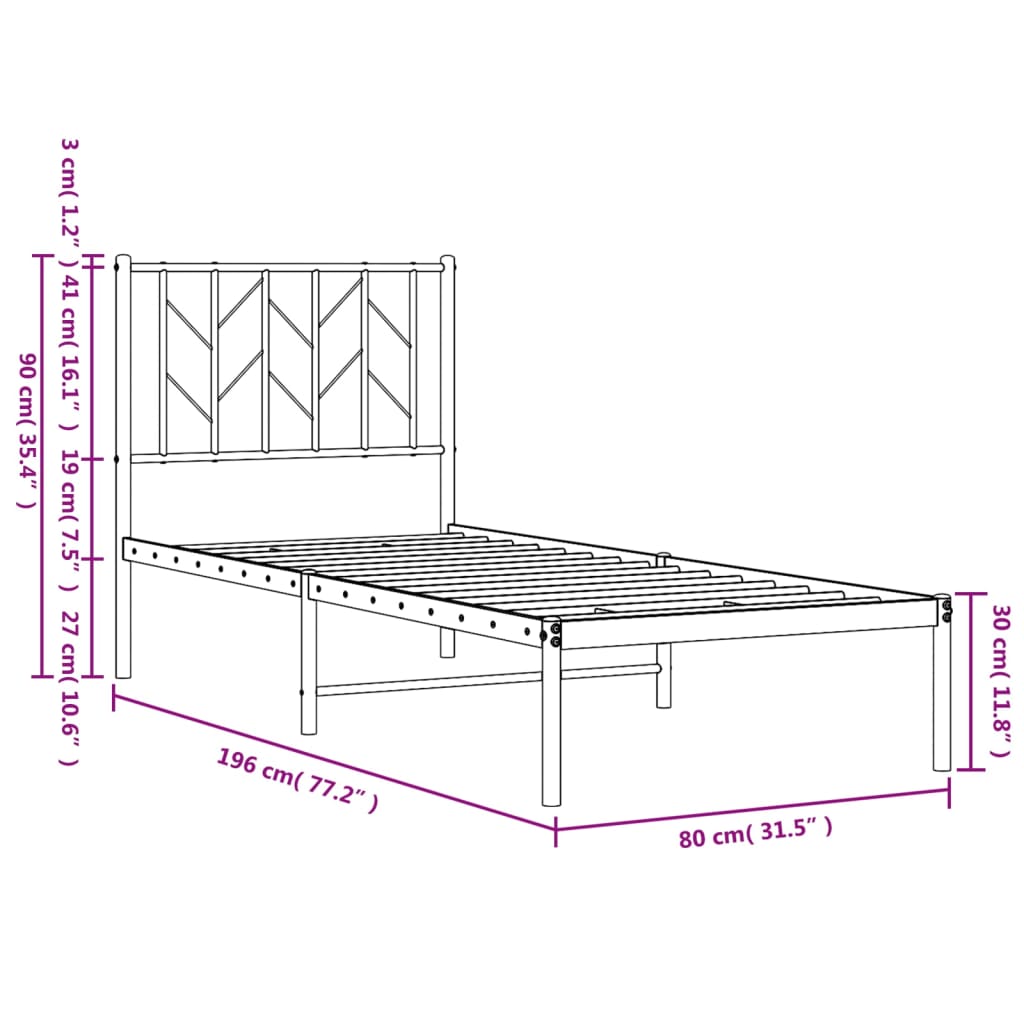 Metal Bed Frame without Mattress with Headboard White 75x190cm